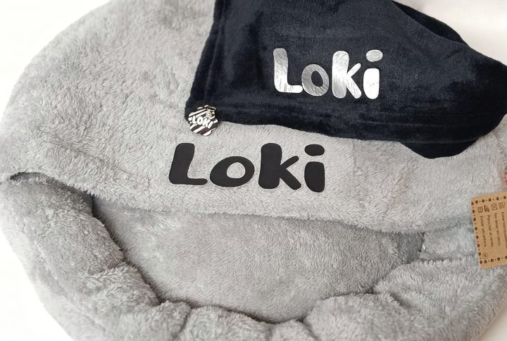 cama, gato, mascota, rosa, personalizada, gris, nombre