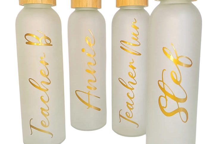 botella, cristal, bambú, personalizadas, nombre, merchandising, empresa, logo, trabajadores