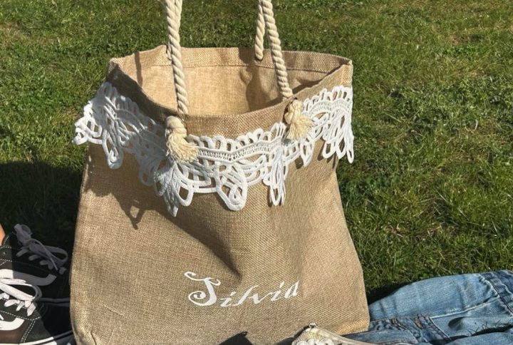 totebag, beige, bolsa, tela, nombre, personalizada, a juego, neceser, beige, capazo, puntilla, playa