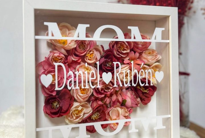 Cuadro, 3D, flores, CON LUCES, Personalizado, nombres, dia de la madre, pareja, azul, rosa, decoracion, BODA, NOVIOS