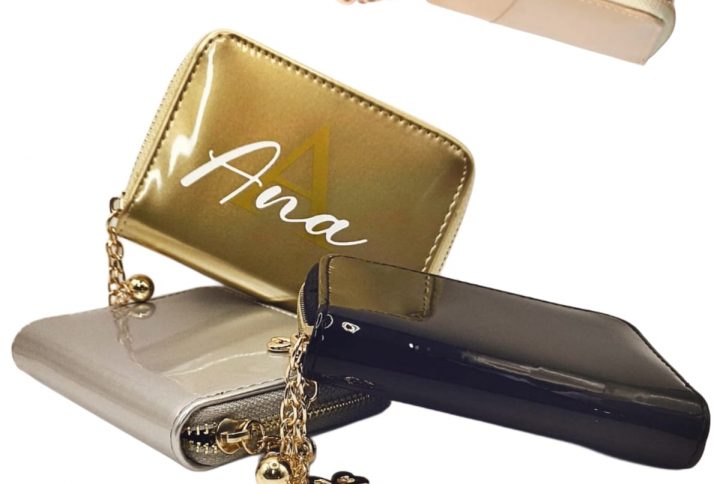 cartera, billetera, personalizada, dorada, negra, plateada, suerte, nombre, trebol, brillante
