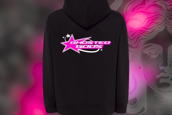 sudadera, negra, capucha, ghosted gods, nueva marca, juvenil, rosa