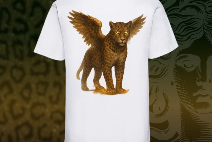 camiseta, corta, blanca, leopardo, dorado, beige, alas, ghosted gods, nueva, marca, ropa