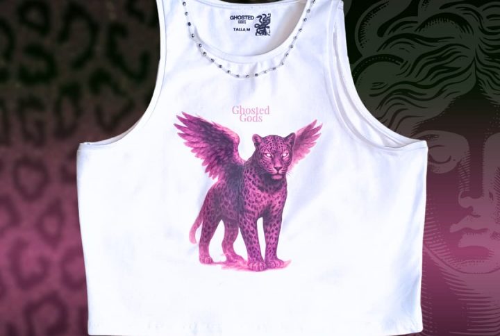 top, corto, mujer, crop top, sin mangas, tirantes, blanco, leopardo, morado, rosa, alas, ghosted gods, nueva, marca, ropa, cadena, collar, pedreria, brillos