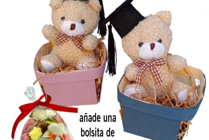 oso, osito, peluche, cesta, chuches, graduados, graduación, graduaciones, regalo